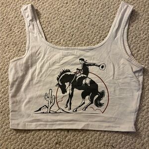 White Crop Top with Cowboy Graphic